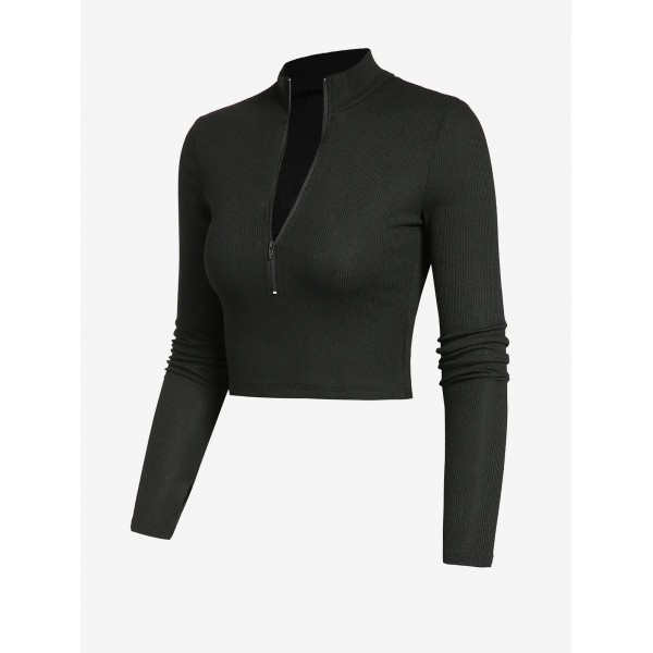 Women's Multiway Three Quarters Zip Mock Neck Thumb Hole Long Sleeves Ribbed Crop T Shirt - Black