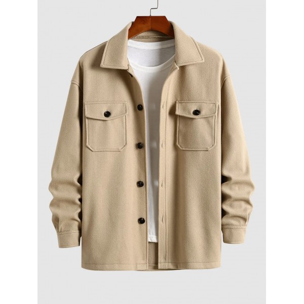 Men's Solid Color Flap Pocket Design Single Breasted Woolen Blend Coat - Light Coffee