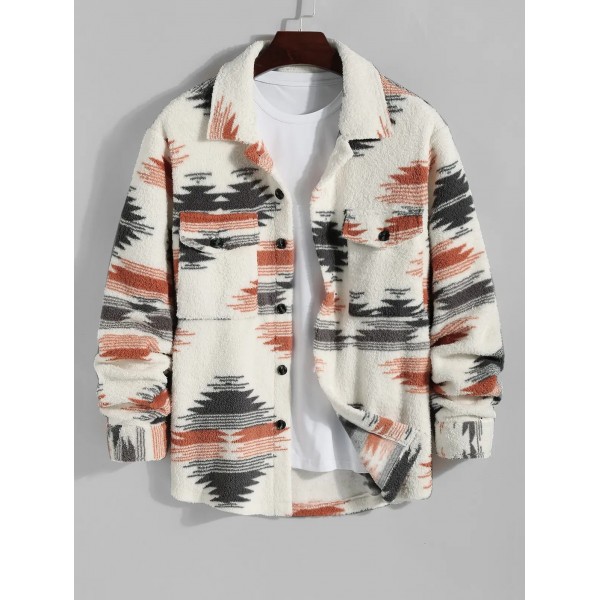 Men's Ethnic Aztec Printed Thermal Fluffy Fleece Flap Pocket Button Front Jacket - White