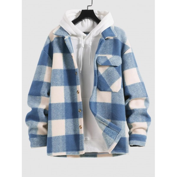 UNISEX Checked Plaid Colorblock Pocket Design Woolen Turn Down Collar Coat - Light Blue