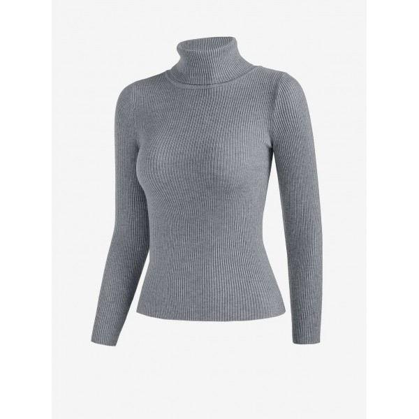 Women's Daily Basic Solid Color Ribbed Knit Turtleneck Pullover Layering Slim Sweater - Gray