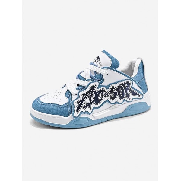 Breathable Letter Patched Mixed Media Sneakers - White