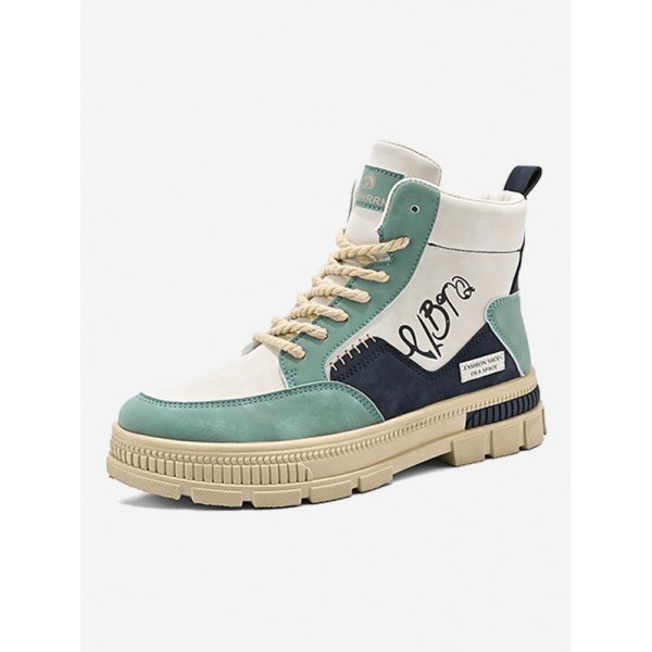 Letter Color Splicing Rope Lace Up Combat Boots 