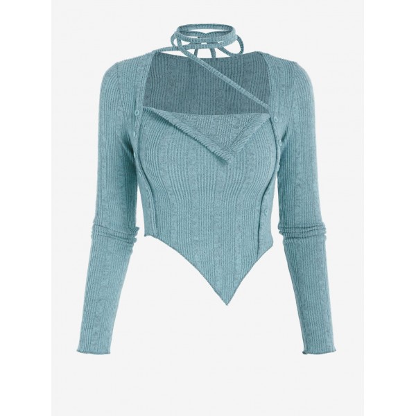 Choker Design Fuzzy Ribbed Asymmetrical Knitwear 