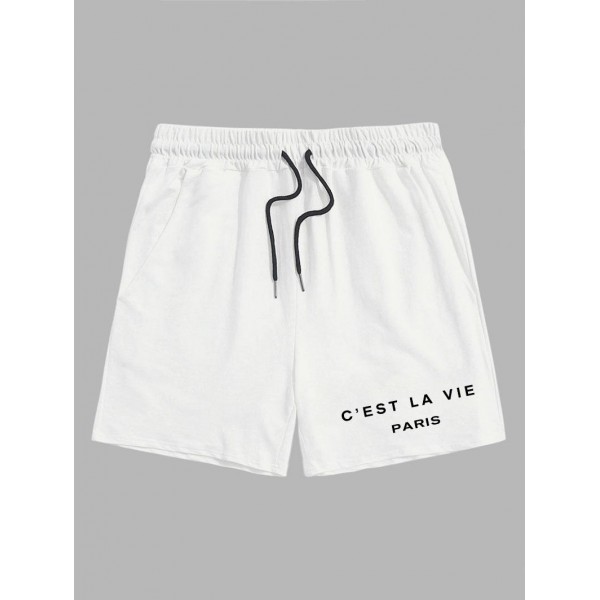 Letter C'EST LA VIE PARIS Graphic Printed Drawstring Shorts 