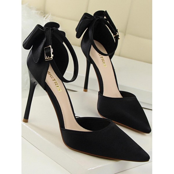 Silky Satin Bow Detail High Heeled Pointed Toe Pumps 