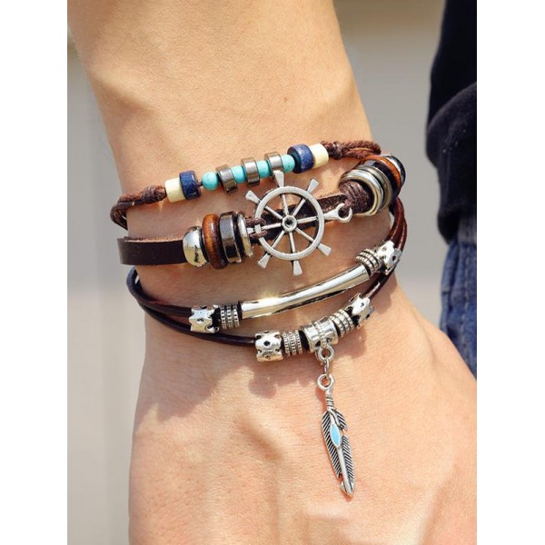 Beading Anchor Feather Layered Bracelet 