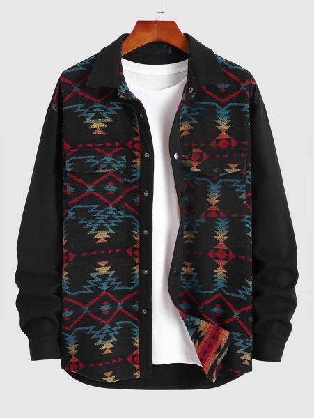 Men's Daily Ethnic Style Aztec Geo Tribal Printed Shirt Jacket Single Breasted Flap Pockets Shacket 