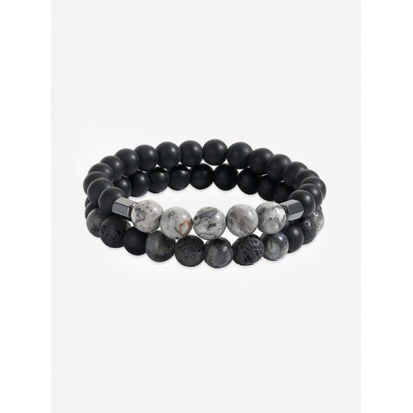 Men's 2Pcs Retro Style Natural Stone Map Pattern Beading Bracelets Set 