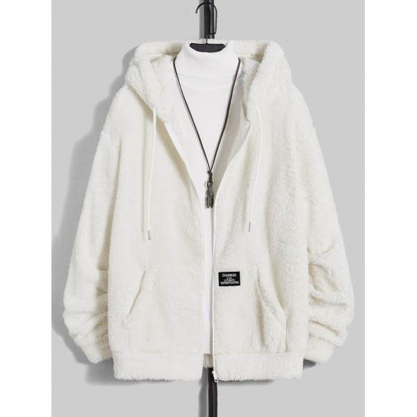 Men's Basic Style Solid Color Fluffy Teddy Fleece Front Pocket Zip Fly Hooded Jacket 