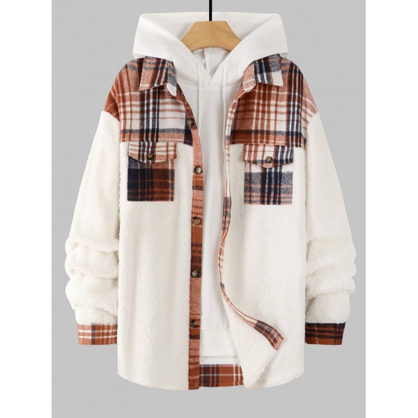 Men's Plaid Pattern Spliced Button Front Flap Pocket Fuzzy Teddy Fleece Jacket 