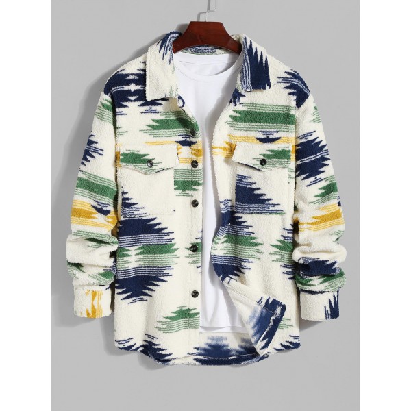 Men's Ethnic Aztec Printed Thermal Fluffy Fleece Flap Pocket Button Front Jacket 