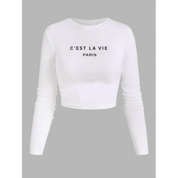 Women's Daily Letter C'EST LA VIA PARIS Embroidered Ribbed Long Sleeve Slim Crop Tee 