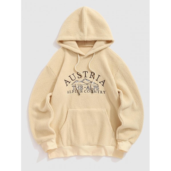 Men's AUSTRIA Mountain Embroidered Kangaroo Pocket Fuzzy Fleece Pullover Hoodie 
