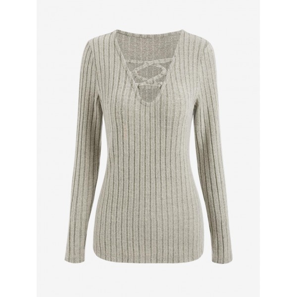Women's Plush Fuzzy Ribbed Knit Lattice Design V Neck Long Sleeve Slim T