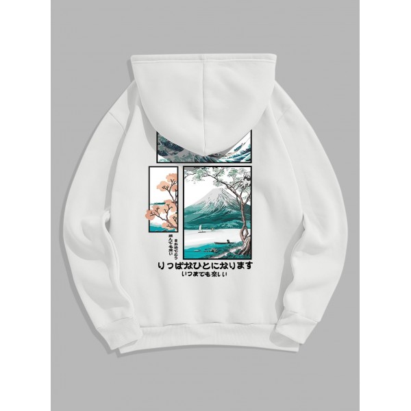 Men's Japanese Sea Waves Mount Fuji Pattern Kangaroo Pocket Fleece